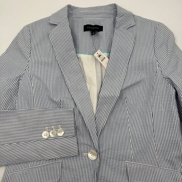 NWT Talbots Women’s 2 Blue White Seersucker Cotton Blazer Lined 1-Button Jacket - Picture 1 of 9